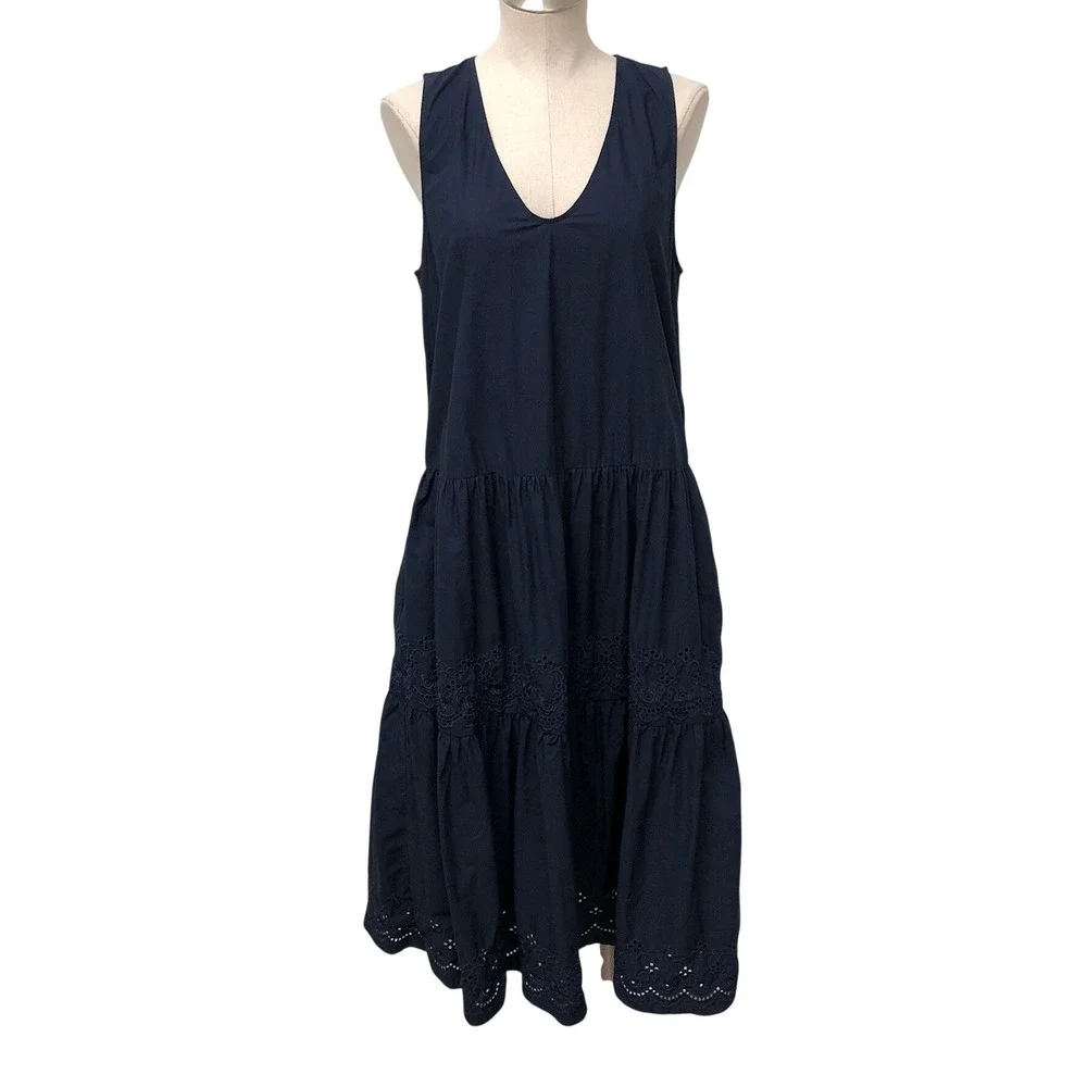 Treasure & Bond Dress Womens Medium Navy Blue Eyelet Tiered Midi V-Neck Boho